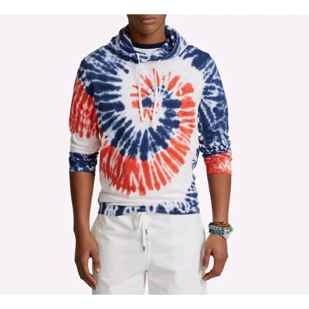 Polo Ralph Lauren Tie Dye Hoodie Shirt Men's Small Red Blue Spiral Pony Logo USA